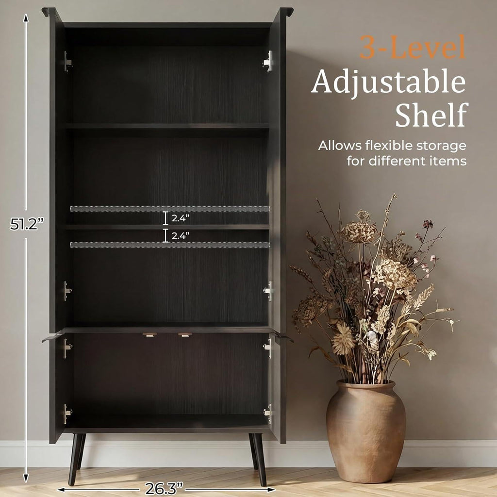 Ebony Fluted Tall Pantry Cabinet, Modern Storage with Adjustable Shelves