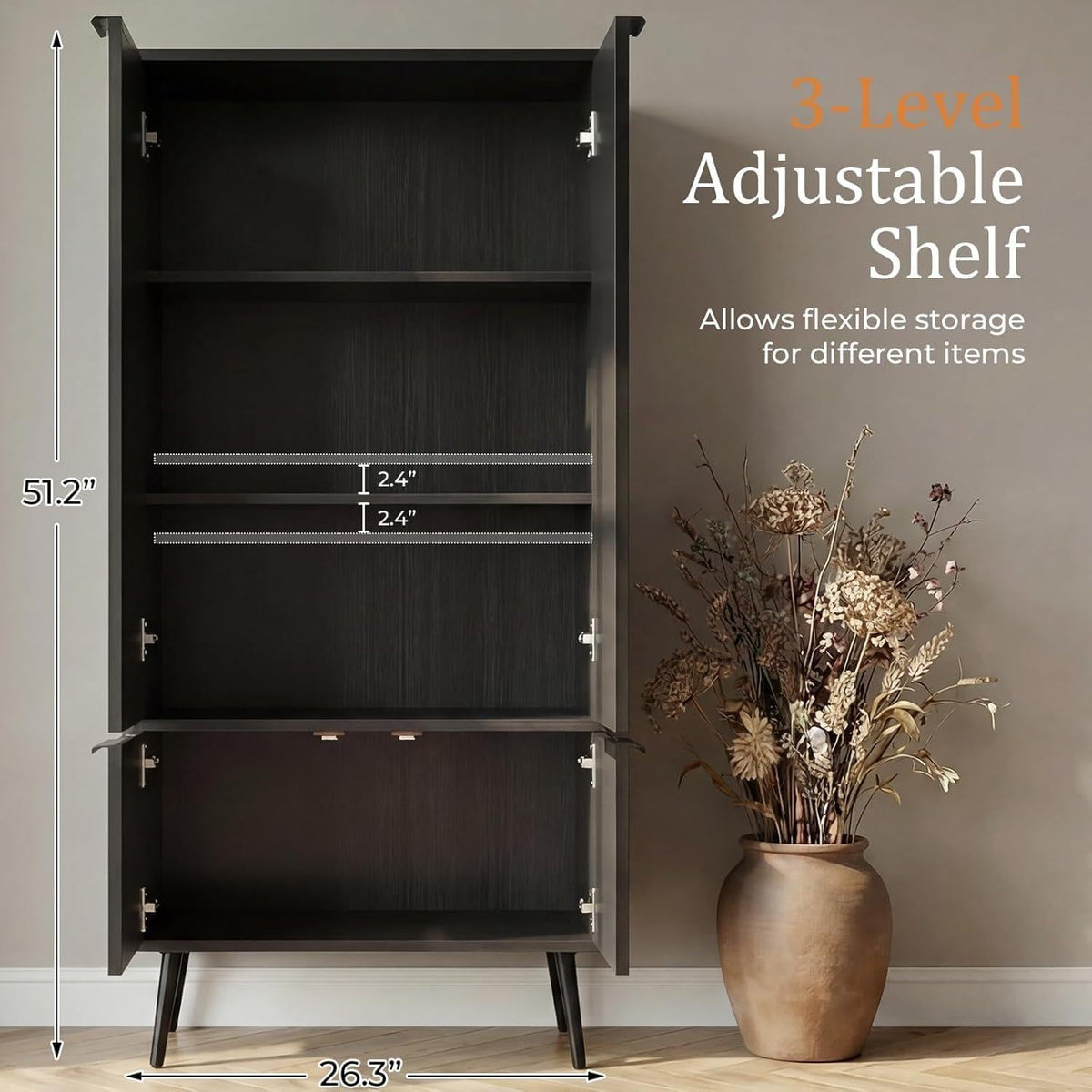 Ebony Fluted Tall Pantry Cabinet, Modern Storage with Adjustable Shelves