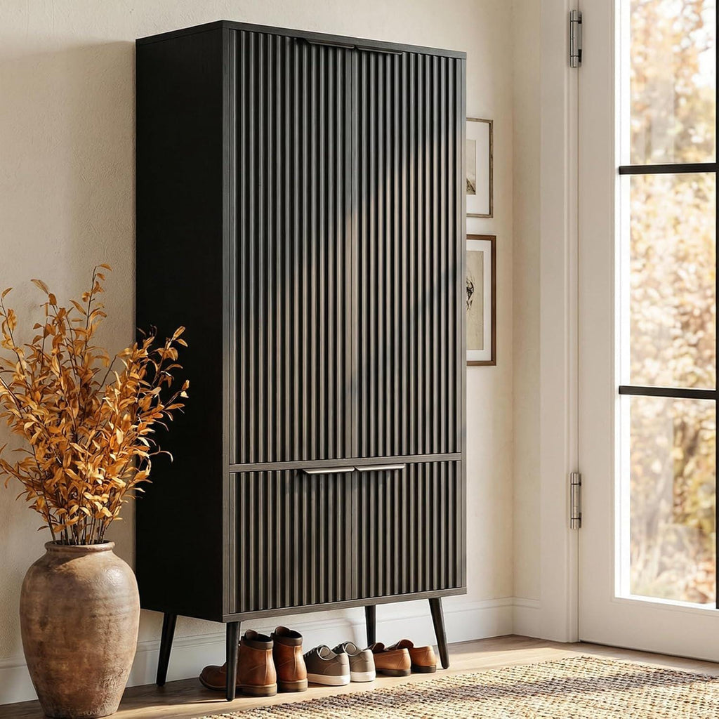 Ebony Fluted Tall Pantry Cabinet, Modern Storage with Adjustable Shelves