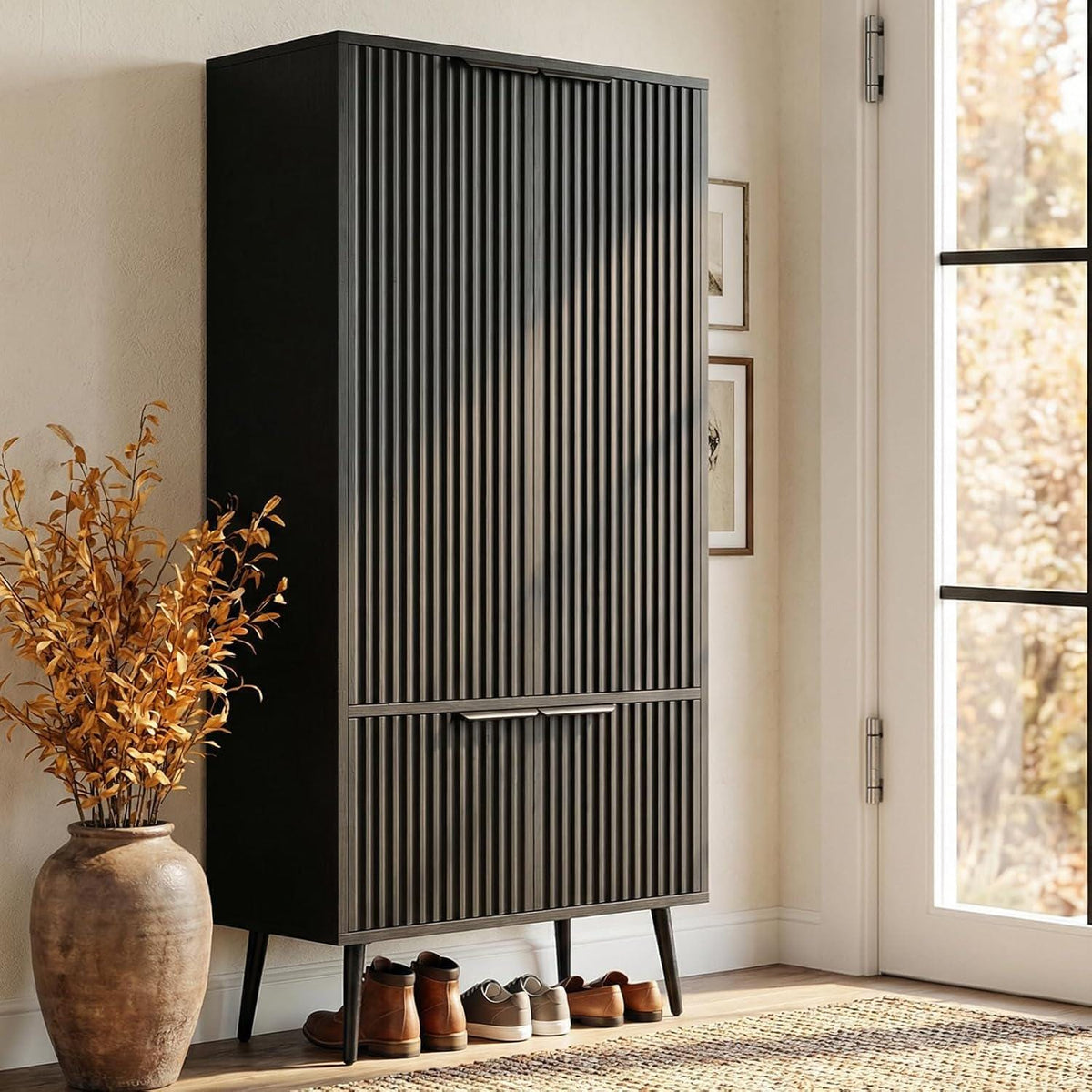 Ebony Fluted Tall Pantry Cabinet, Modern Storage with Adjustable Shelves