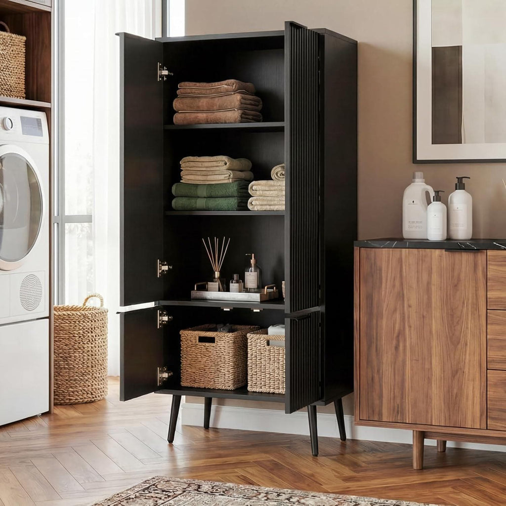 Ebony Fluted Tall Pantry Cabinet, Modern Storage with Adjustable Shelves