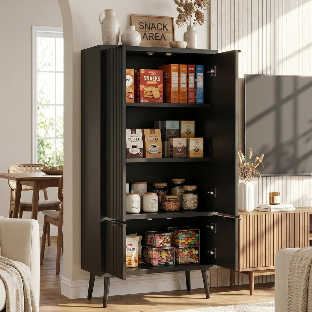 Ebony Fluted Tall Pantry Cabinet, Modern Storage with Adjustable Shelves
