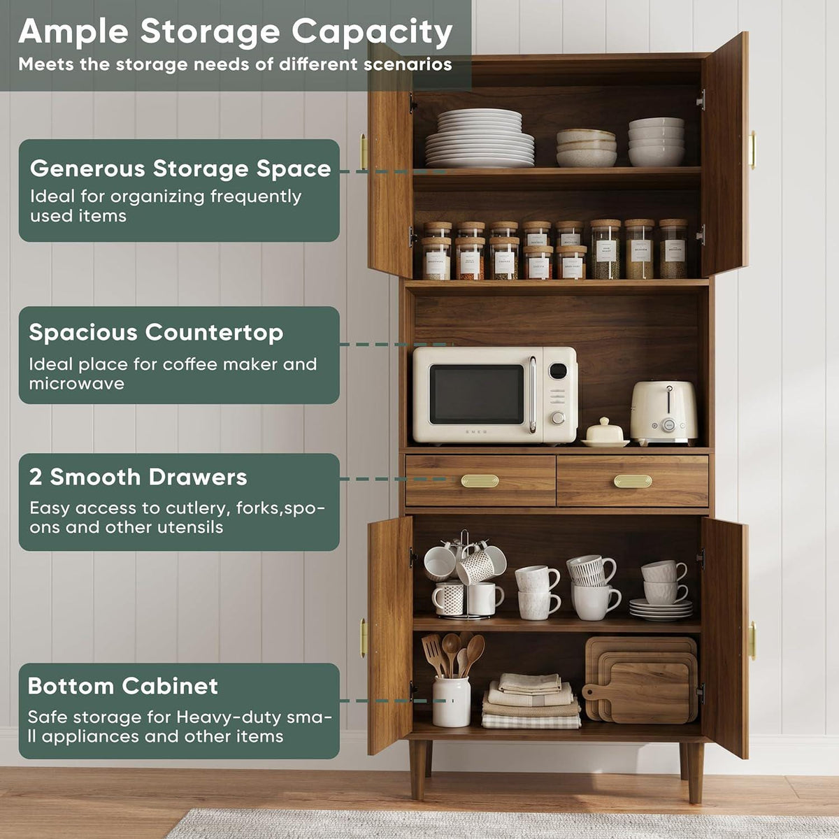 Walnut Grooved Doors Cabinet, Gold Handles, Adjustable Shelves Storage