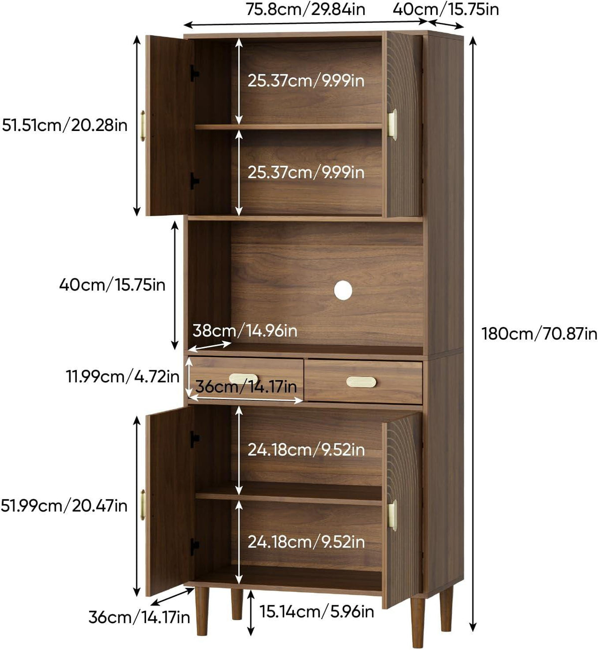Walnut Grooved Doors Cabinet, Gold Handles, Adjustable Shelves Storage