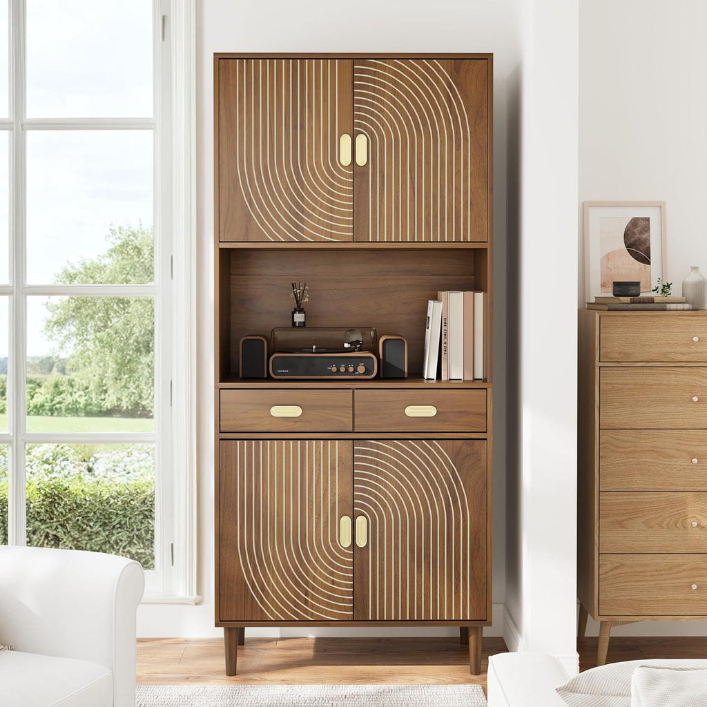 Walnut Grooved Doors Cabinet, Gold Handles, Adjustable Shelves Storage