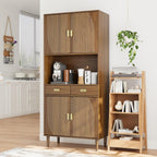 Walnut Grooved Doors Cabinet, Gold Handles, Adjustable Shelves Storage