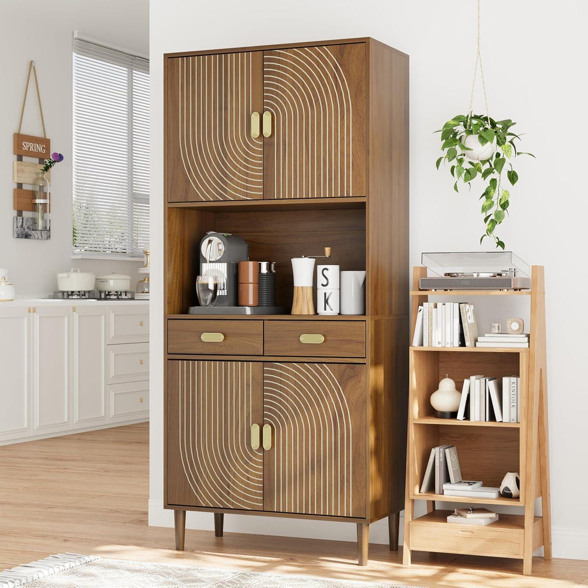Walnut Grooved Doors Cabinet, Gold Handles, Adjustable Shelves Storage