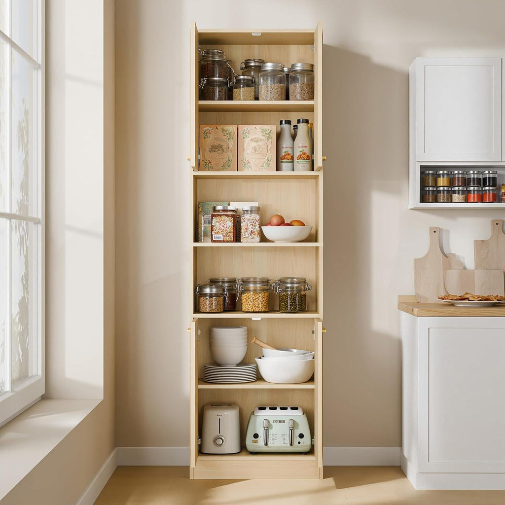 Tall Kitchen Pantry Cabinet, 4 Doors, Open Shelf, Engineered Wood Storage