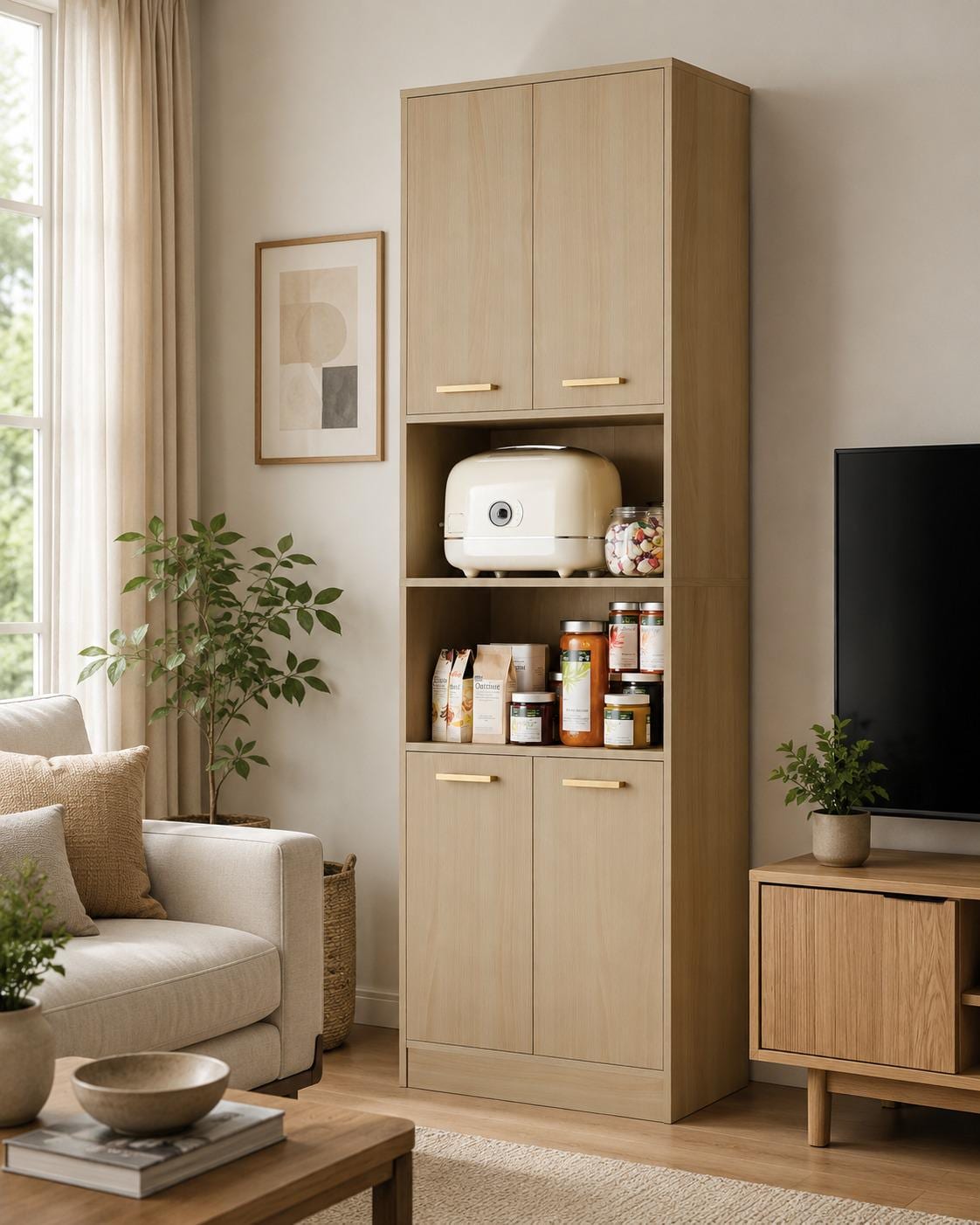 Tall Kitchen Pantry Cabinet, 4 Doors, Open Shelf, Engineered Wood Storage