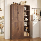 Tall Brown Wood Pantry Cabinet, Modern Kitchen Storage, Coffee Bar Microwave Stand