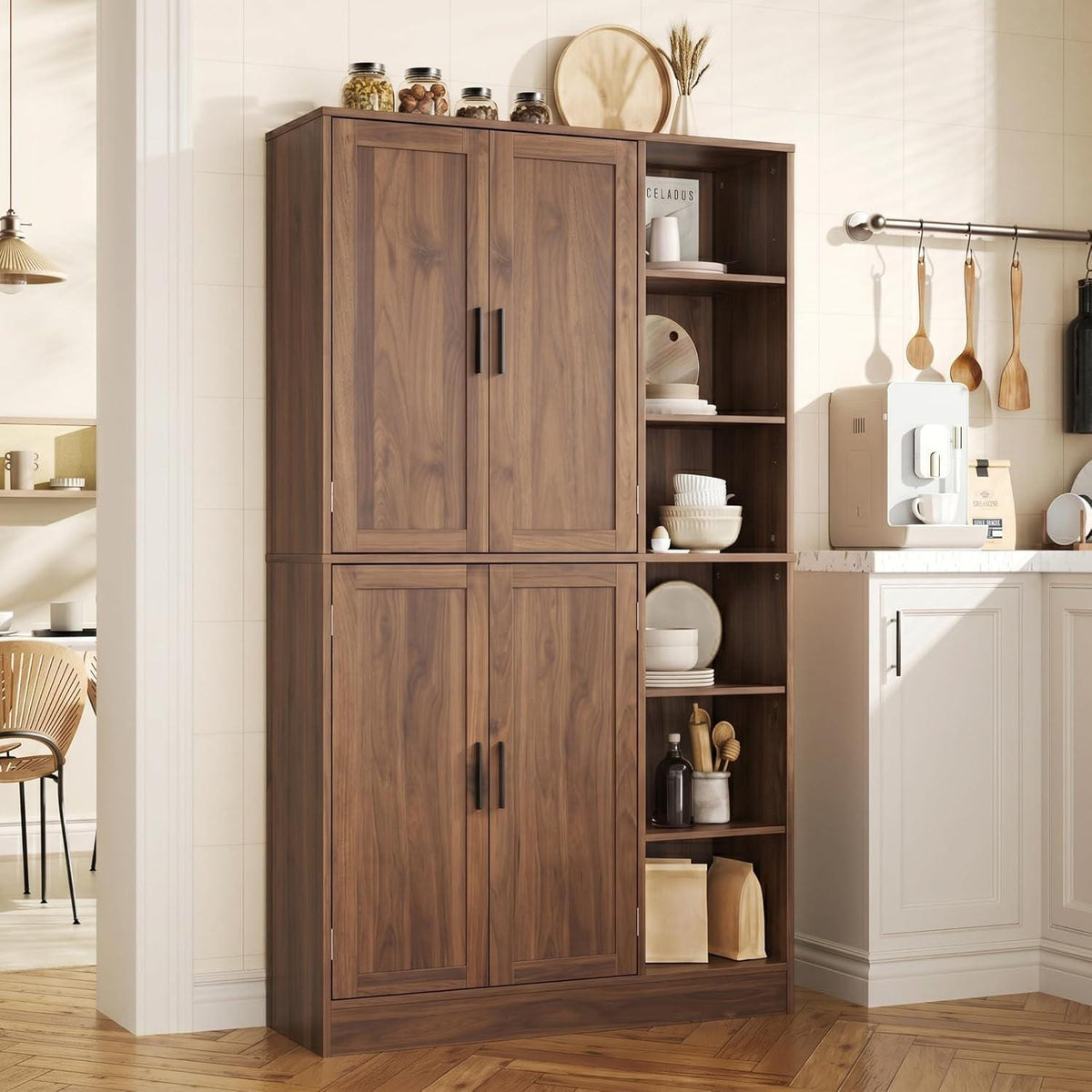 Tall Brown Wood Pantry Cabinet, Modern Kitchen Storage, Coffee Bar Microwave Stand