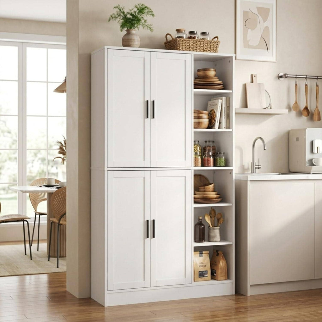 Tall Brown Wood Pantry Cabinet, Modern Kitchen Storage, Coffee Bar Microwave Stand