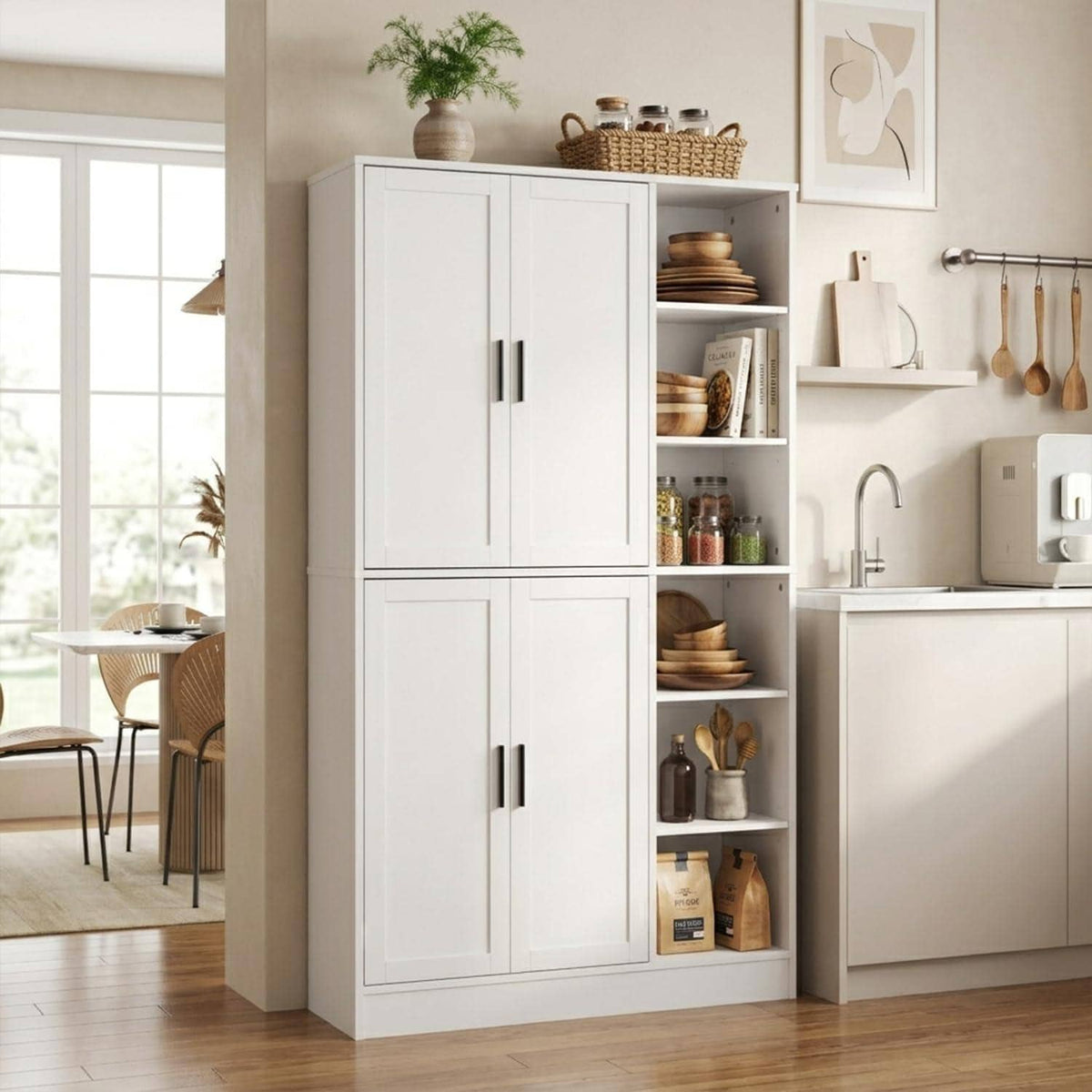 Tall Brown Wood Pantry Cabinet, Modern Kitchen Storage, Coffee Bar Microwave Stand