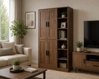 Tall Brown Wood Pantry Cabinet, Modern Kitchen Storage, Coffee Bar Microwave Stand