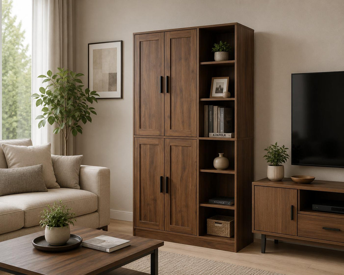 Tall Brown Wood Pantry Cabinet, Modern Kitchen Storage, Coffee Bar Microwave Stand
