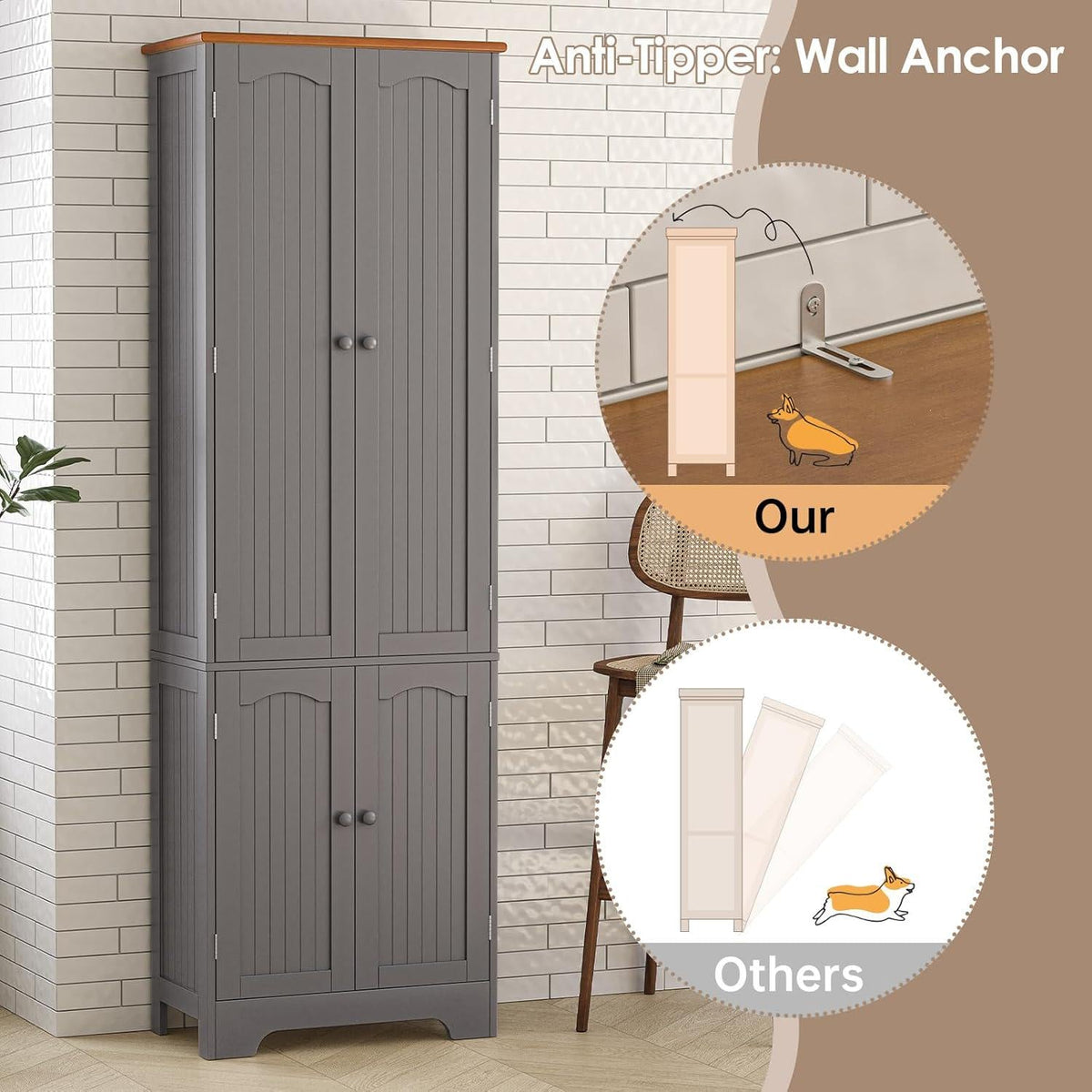 Grey Tall Pantry Cabinet, 4 Doors, Adjustable Shelves, Modern Storage Solution