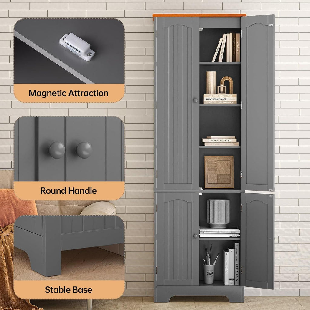 Grey Tall Pantry Cabinet, 4 Doors, Adjustable Shelves, Modern Storage Solution
