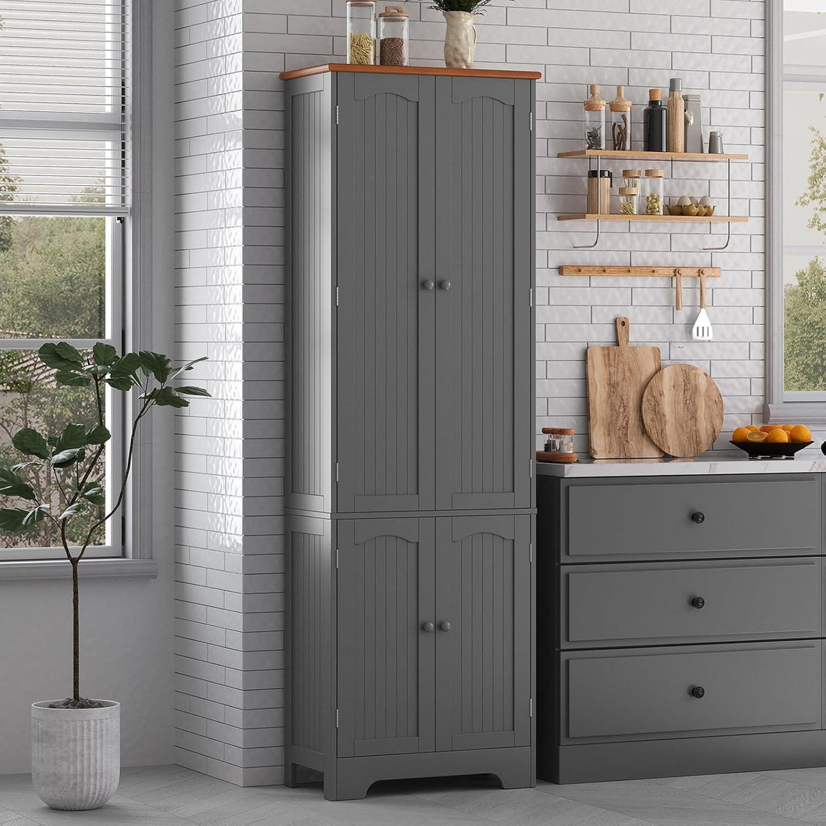 Grey Tall Pantry Cabinet, 4 Doors, Adjustable Shelves, Modern Storage Solution
