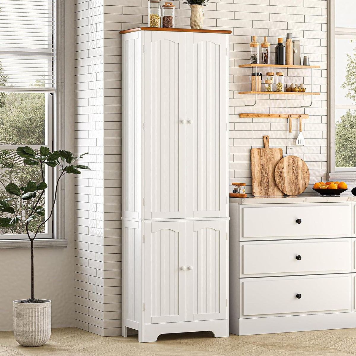 Grey Tall Pantry Cabinet, 4 Doors, Adjustable Shelves, Modern Storage Solution