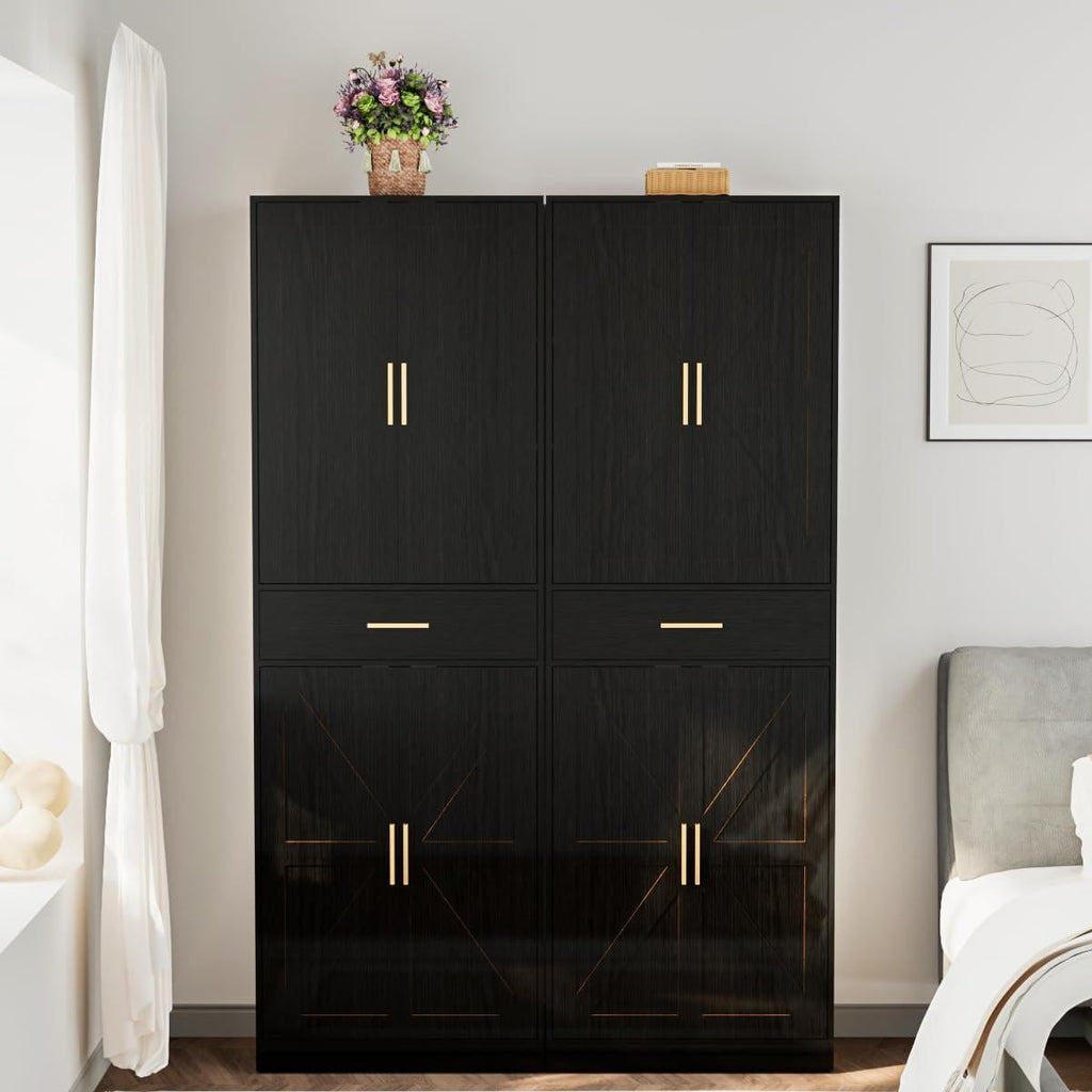 71" Farmhouse Pantry Cabinet, Coal Black, 4-Door Storage, Adjustable Shelves