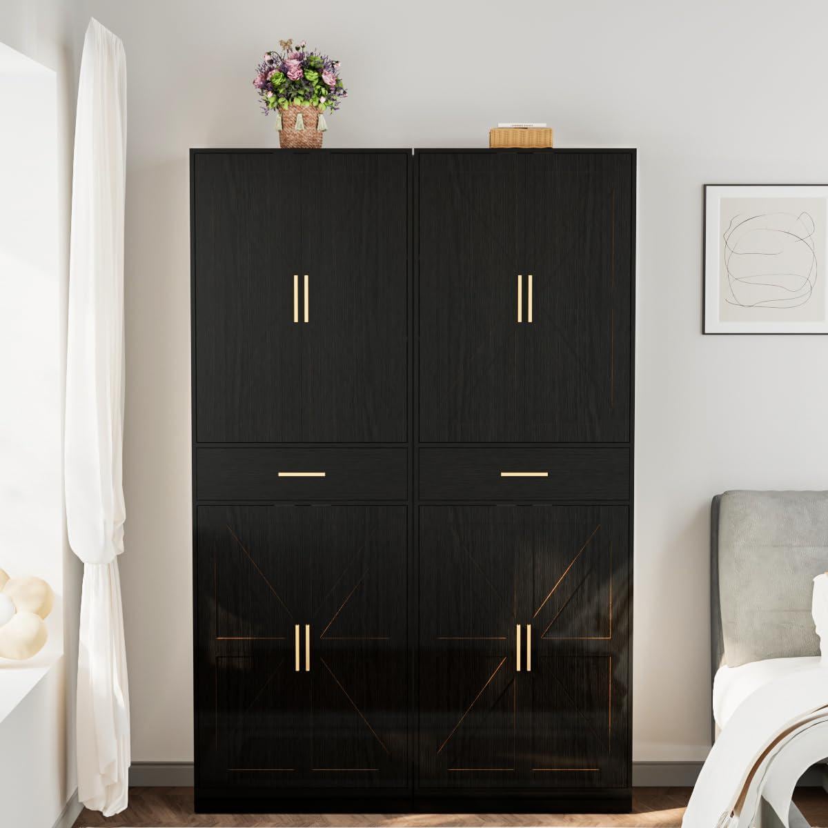 71" Farmhouse Pantry Cabinet, Coal Black, 4-Door Storage, Adjustable Shelves