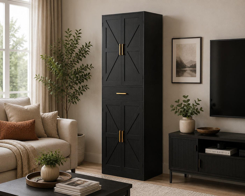 71" Farmhouse Pantry Cabinet, Coal Black, 4-Door Storage, Adjustable Shelves