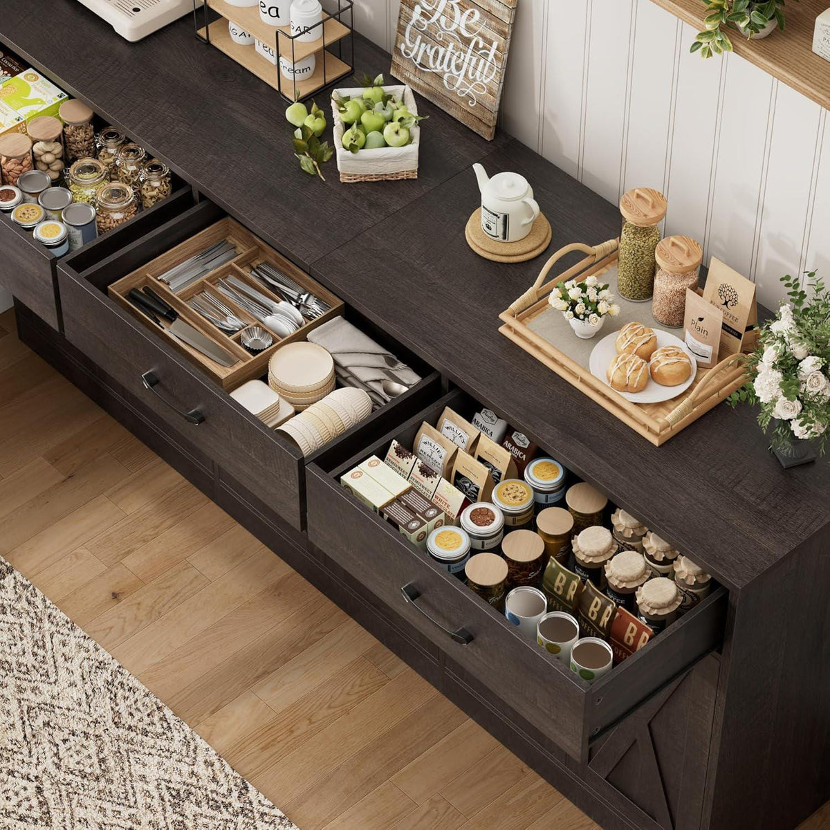 Farmhouse Sideboard Buffet Cabinet, 71" Wide Storage, Dark Brown Engineered Wood