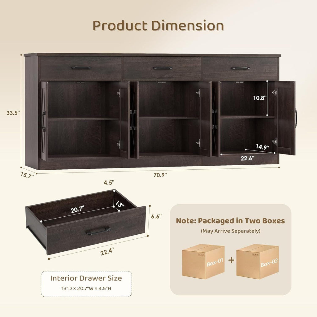 Farmhouse Sideboard Buffet Cabinet, 71" Wide Storage, Dark Brown Engineered Wood