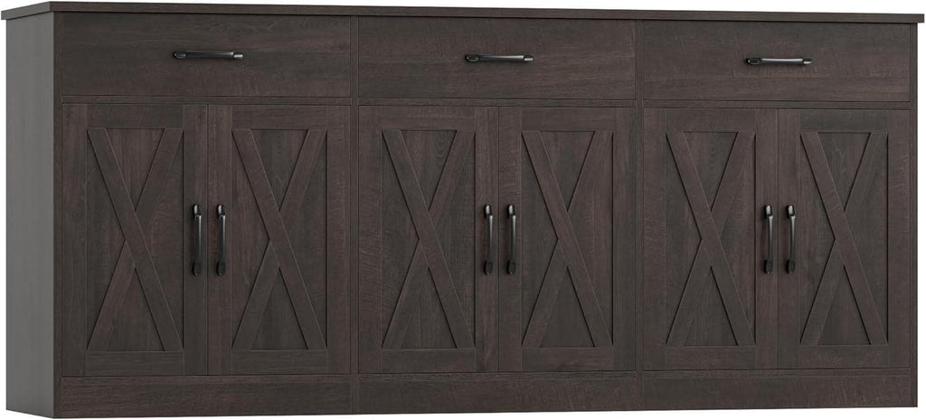 Farmhouse Sideboard Buffet Cabinet, 71" Wide Storage, Dark Brown Engineered Wood