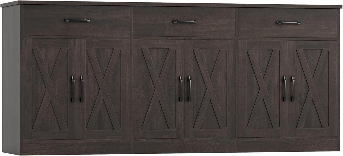 Farmhouse Sideboard Buffet Cabinet, 71" Wide Storage, Dark Brown Engineered Wood