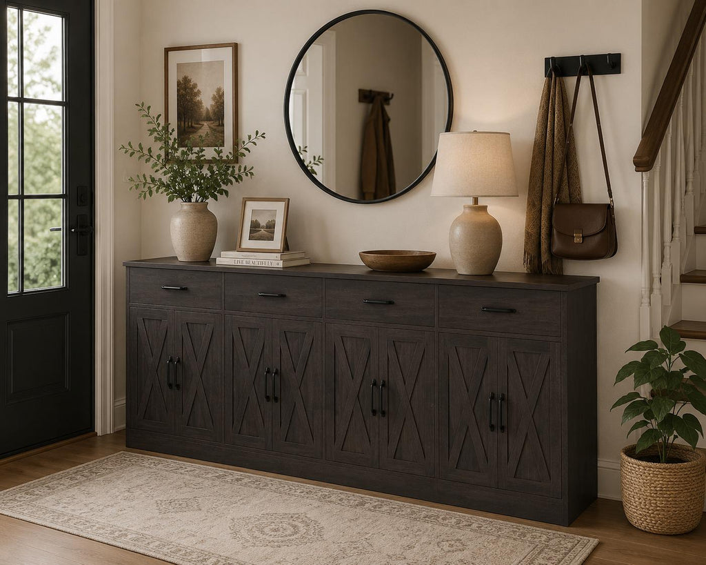 Farmhouse Sideboard Buffet Cabinet, 71" Wide Storage, Dark Brown Engineered Wood
