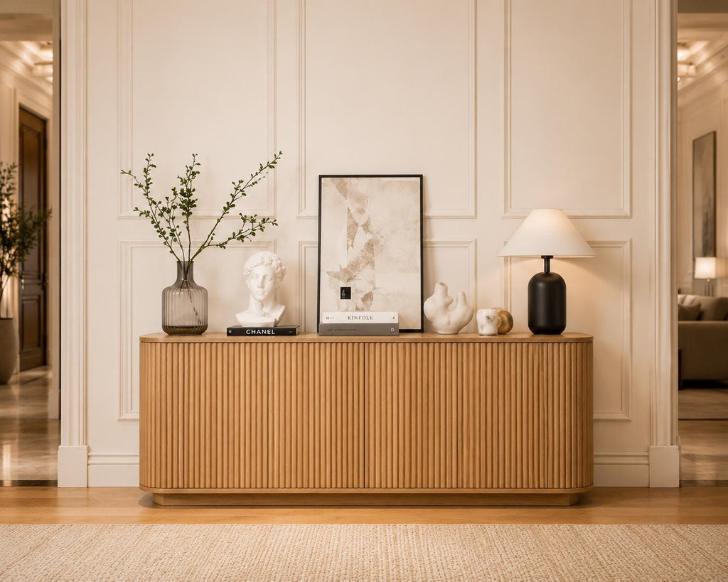 Walnut Fluted Sideboard Cabinet, Modern 4-Door Credenza, Mid Century Console Storage
