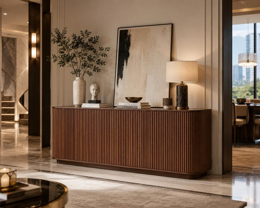 Walnut Fluted Sideboard Cabinet, Modern 4-Door Credenza, Mid Century Console Storage