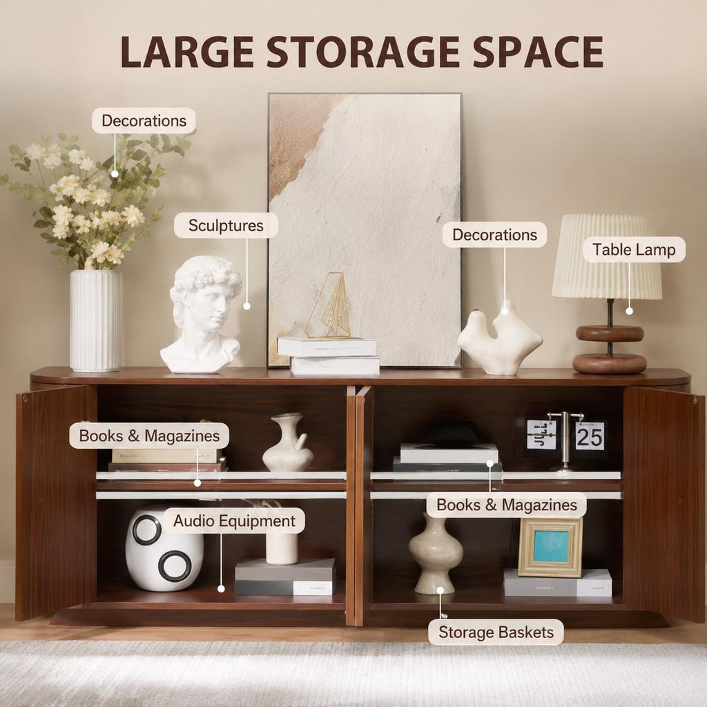 Walnut Fluted Sideboard Cabinet, Modern 4-Door Credenza, Mid Century Console Storage