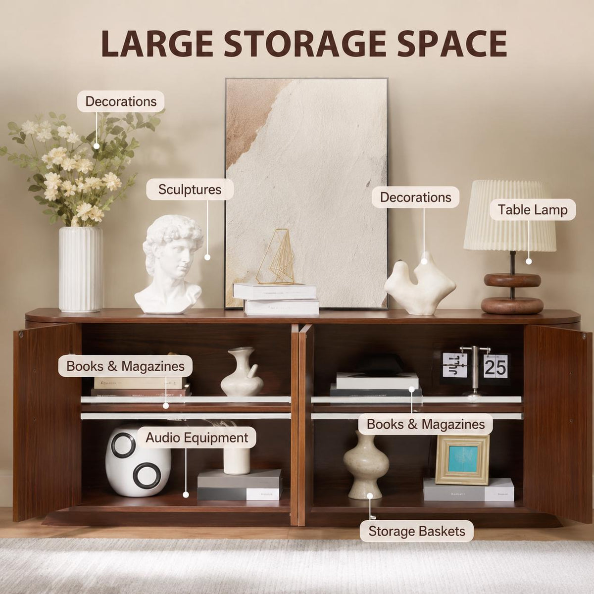 Walnut Fluted Sideboard Cabinet, Modern 4-Door Credenza, Mid Century Console Storage