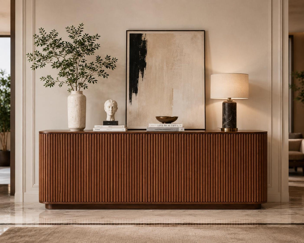 Walnut Fluted Sideboard Cabinet, Modern 4-Door Credenza, Mid Century Console Storage