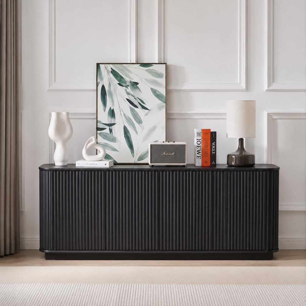 Walnut Fluted Sideboard Cabinet, Modern 4-Door Credenza, Mid Century Console Storage