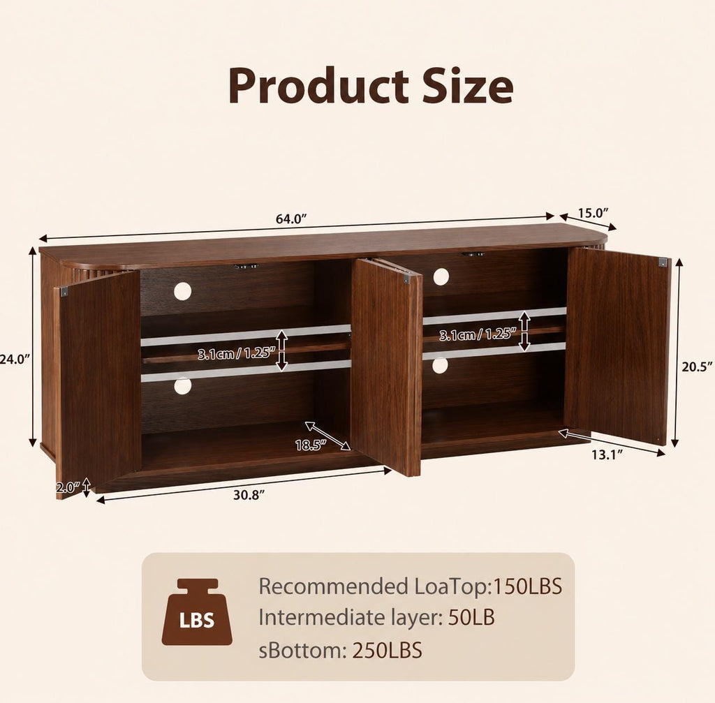 Walnut Fluted Sideboard Cabinet, Modern 4-Door Credenza, Mid Century Console Storage