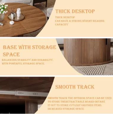 Extendable Round Dining Table 63in 2-6 Seats Kitchen Table 2-Tier Storage Farmhouse Fluted Wood Door Walnut Customized