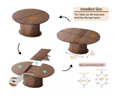 Extendable Round Dining Table 63in 2-6 Seats Kitchen Table 2-Tier Storage Farmhouse Fluted Wood Door Walnut Customized