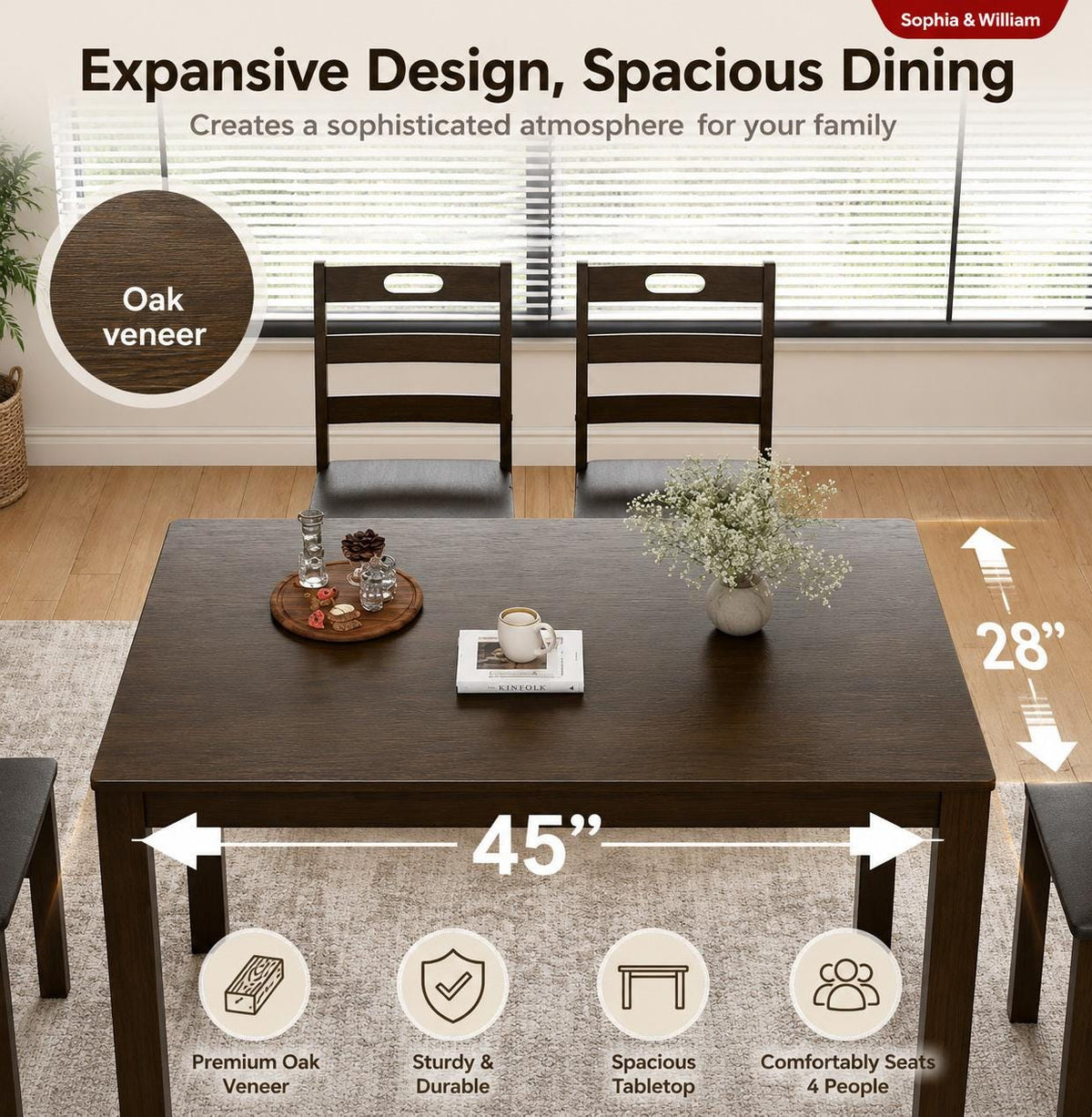 5-Piece Solid Wood Dining Set, Space-Saving Design, Elegant Walnut Finish