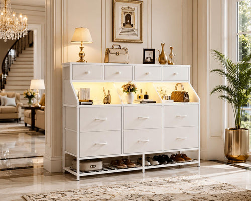 10-Drawer LED Dresser with Shoe Rack and Charging Station, Modern Organizer