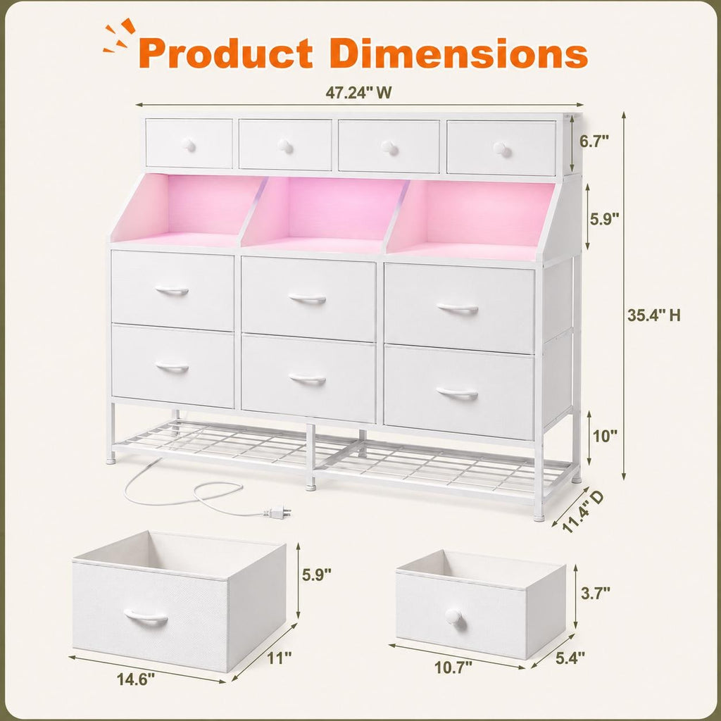 10-Drawer LED Dresser with Shoe Rack and Charging Station, Modern Organizer