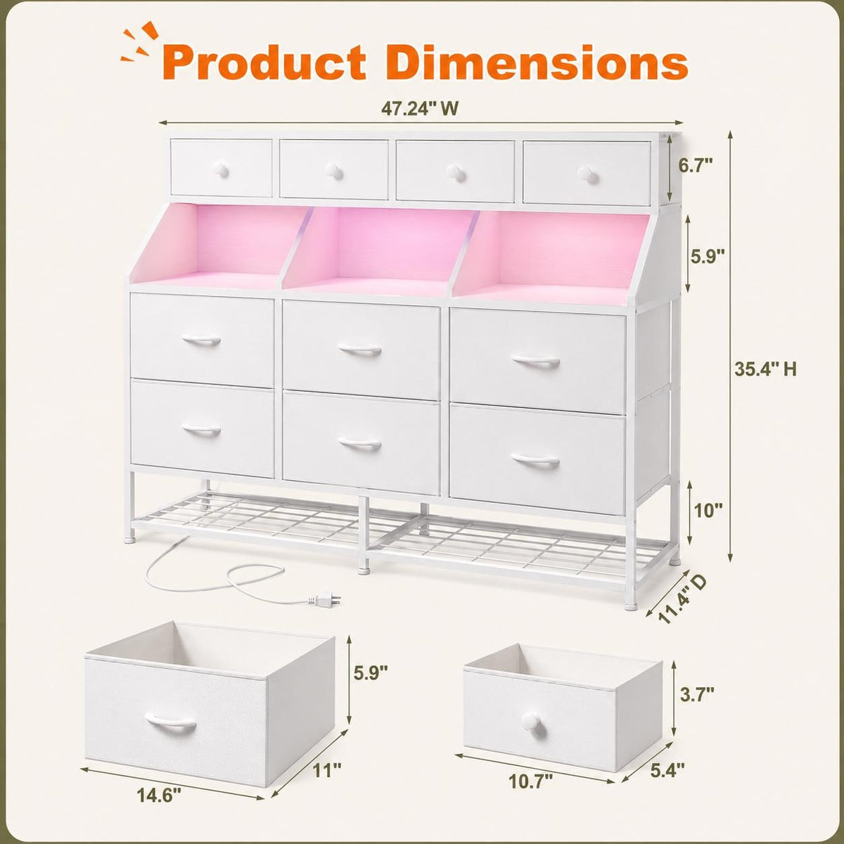 10-Drawer LED Dresser with Shoe Rack and Charging Station, Modern Organizer