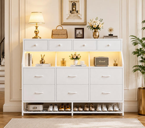 10-Drawer LED Dresser with Shoe Rack and Charging Station, Modern Organizer