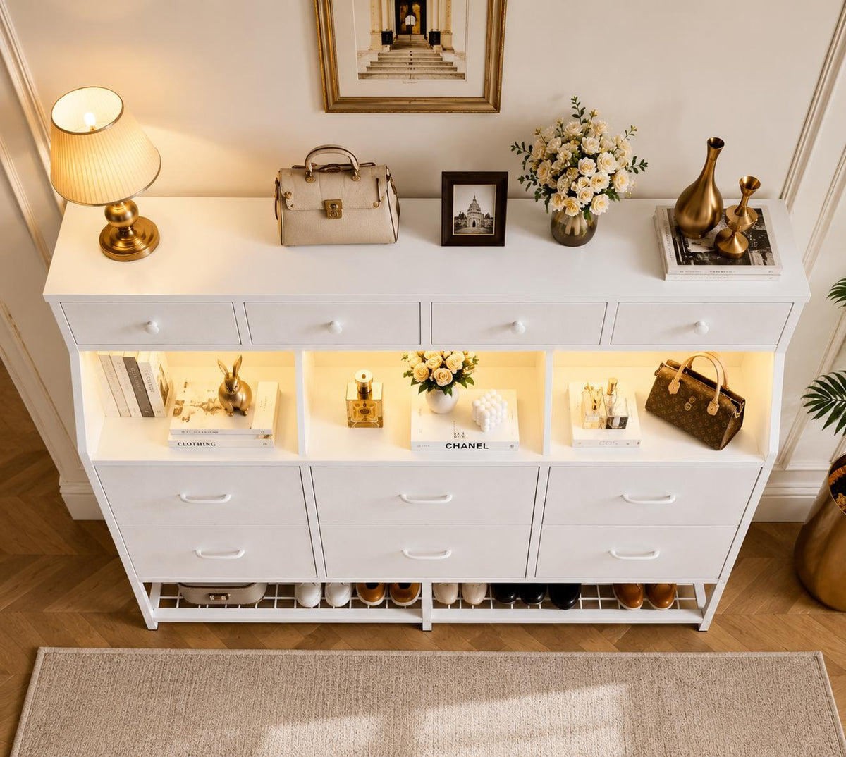 10-Drawer LED Dresser with Shoe Rack and Charging Station, Modern Organizer