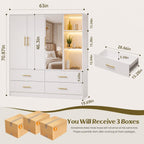 3-Door Wardrobe with Mirror, LED Lights, 4 Drawers, Bedroom Storage Cabinet