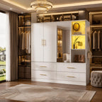3-Door Wardrobe with Mirror, LED Lights, 4 Drawers, Bedroom Storage Cabinet