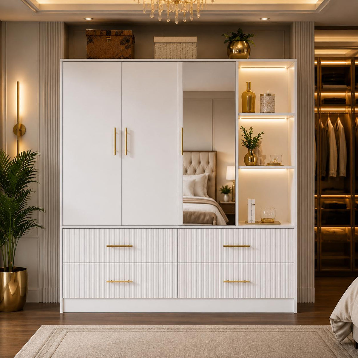 3-Door Wardrobe with Mirror, LED Lights, 4 Drawers, Bedroom Storage Cabinet