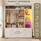 3-Door Wardrobe with Mirror, LED Lights, 4 Drawers, Bedroom Storage Cabinet